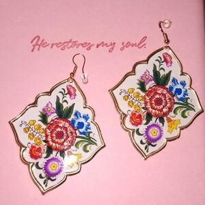 Large Floral Enamel Abstract Earrings With Gold Accents New!